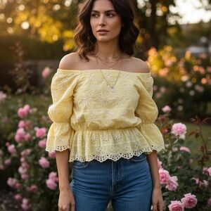 Liv Los Angeles Butter Yellow Eyelet Off-Shoulder Blouse Size L